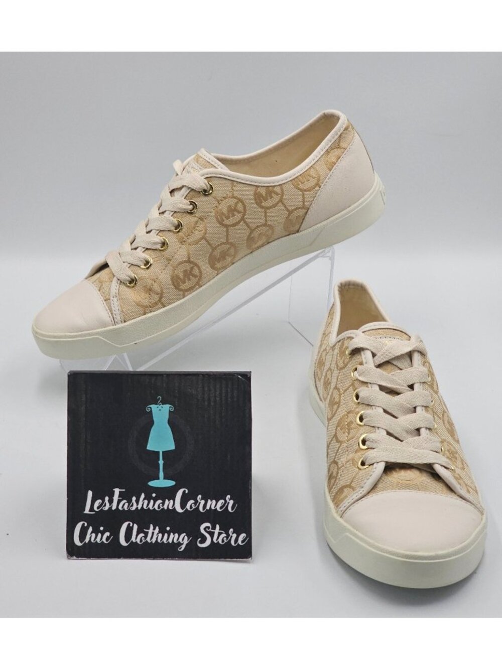 Michael Kors Women's Beige Monogram Jacquard Leather Trim Sneakers Size 9 3771